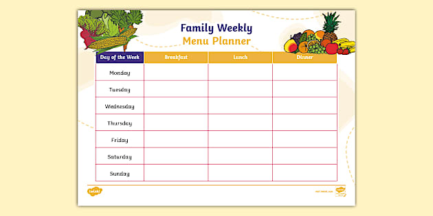 Seven-day weekly meal planner grid showing organized columns for each day of the week